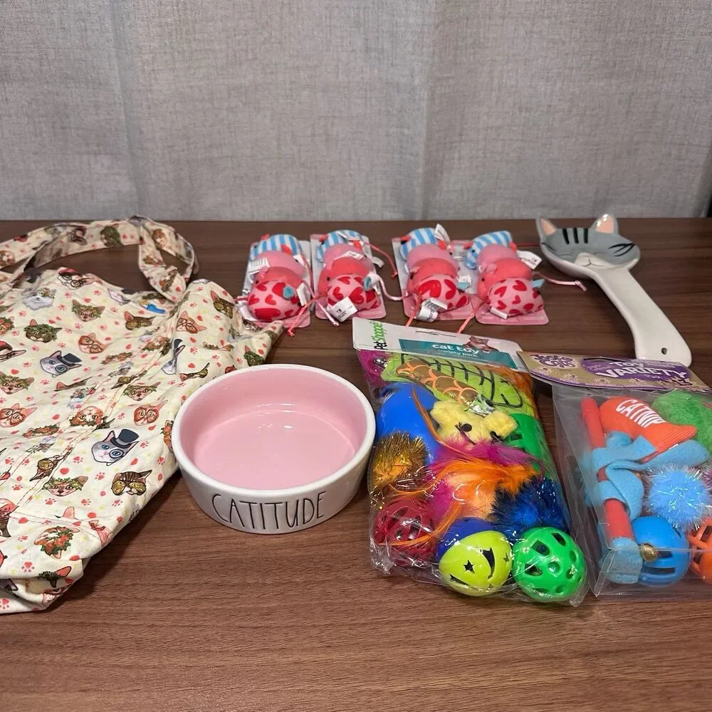 Cat Lovers Bundle - Handmade Totebag, Assorted Toys, Food Bowl, and Spoon Holder
